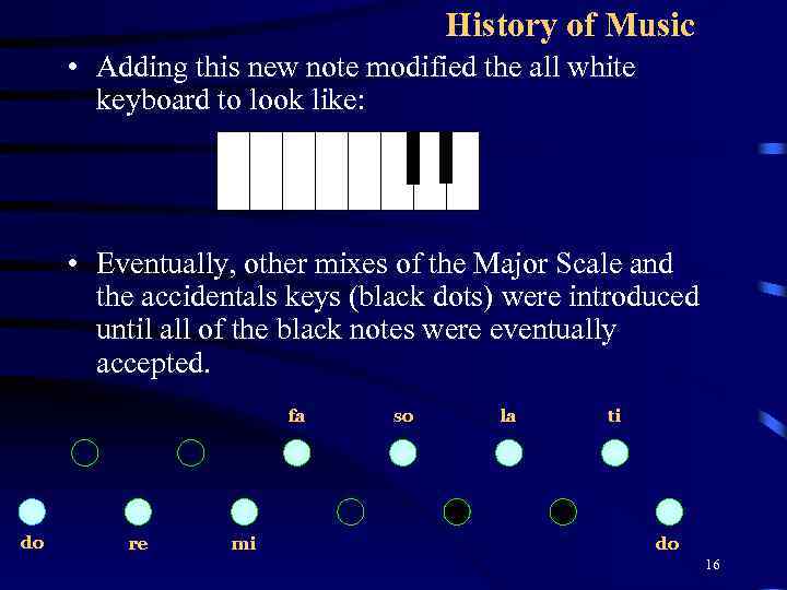 History of Music • Adding this new note modified the all white keyboard to