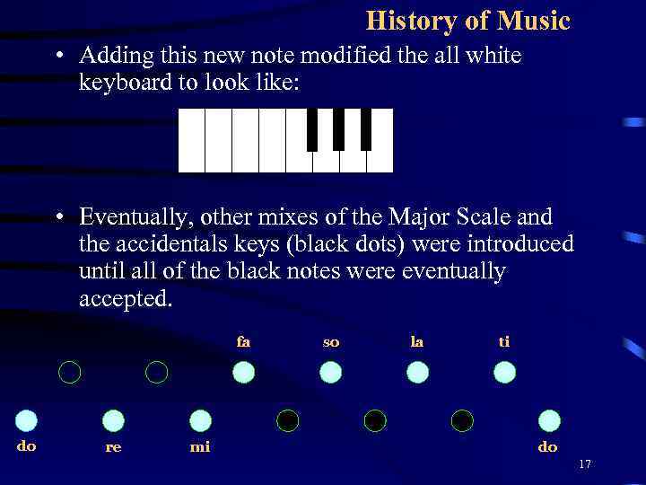 History of Music • Adding this new note modified the all white keyboard to