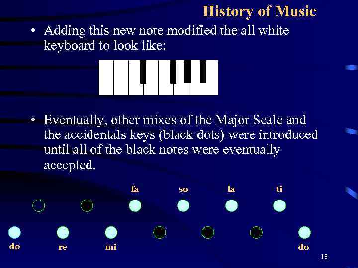 History of Music • Adding this new note modified the all white keyboard to