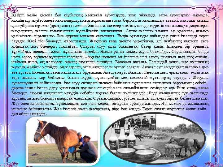 Қазіргі кезде қымыз бен шұбаттың көптеген ауруларды, атап айтқанда өкпе ауруларын емдеуде, қанайналу жүйесіндегі