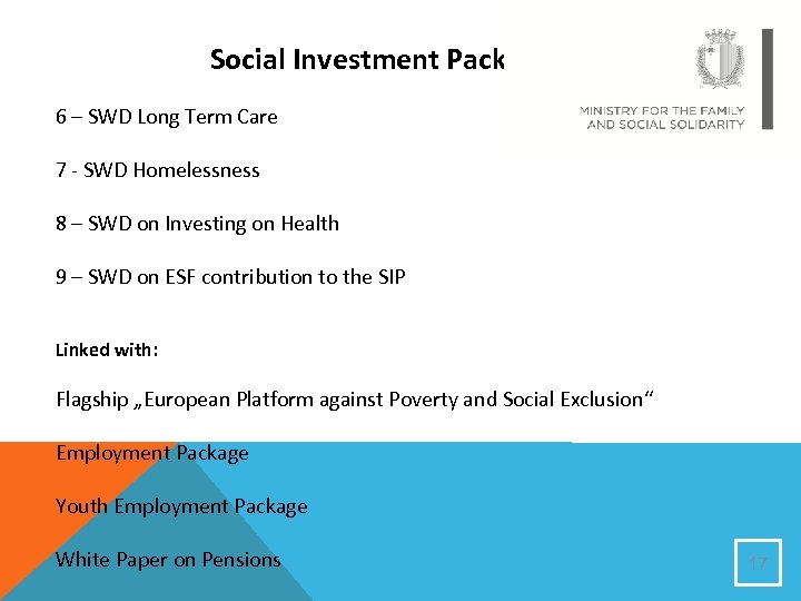 Social Investment Package 6 – SWD Long Term Care 7 - SWD Homelessness 8