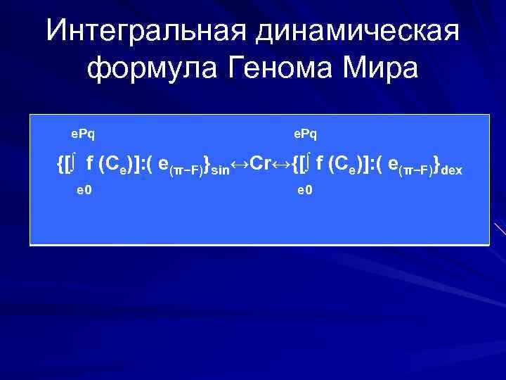 Интегральная динамическая формула Генома Мира e. Pq {[∫ f (Ce)]: ( e(π−F)}sin↔Сr↔{[∫ f (Ce)]: