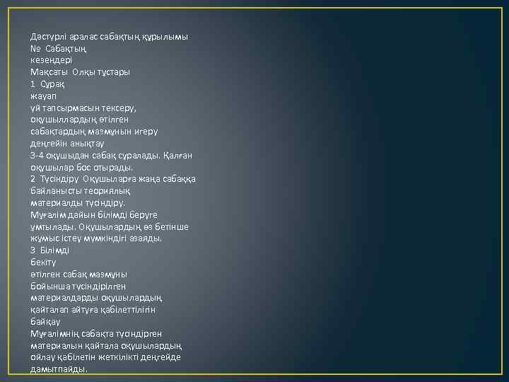 Дәстүрлі аралас сабақтың құрылымы № Сабақтың кезеңдері Мақсаты Олқы тұстары 1 Сұрақ жауап үй