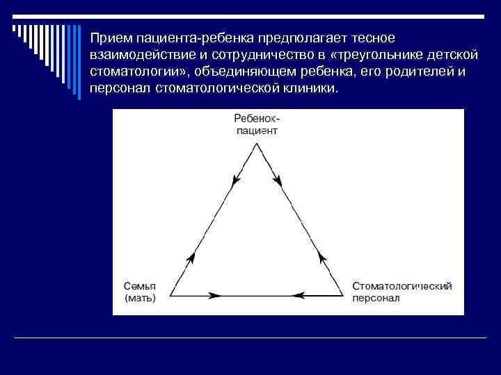 Прием пациента-ребенка предполагает тесное взаимодействие и сотрудничество в «треугольнике детской стоматологии» , объединяющем ребенка,