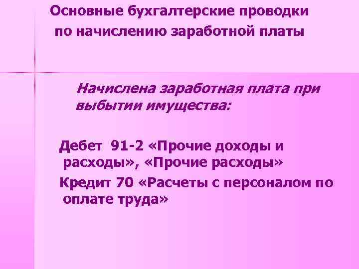 Основные бухгалтерские проводки по начислению заработной платы Начислена заработная плата при выбытии имущества: Дебет