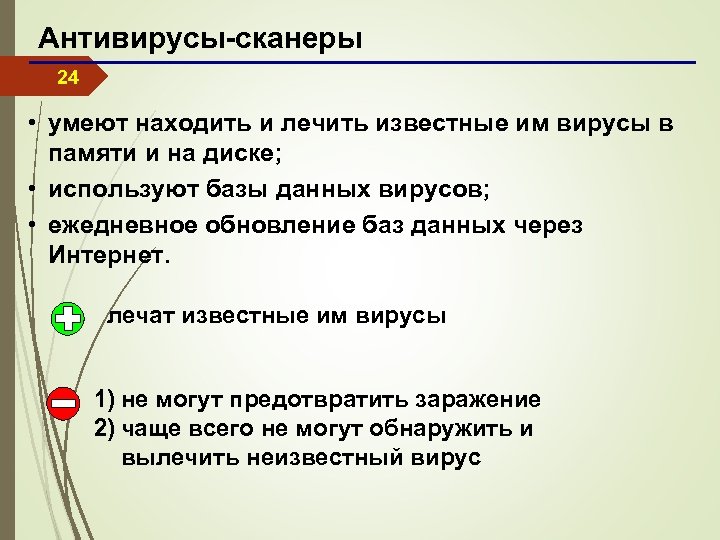 Антивирусы-сканеры 24 • умеют находить и лечить известные им вирусы в памяти и на