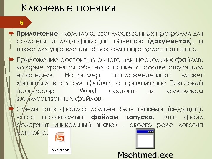 Ключевые понятия 6 Приложение - комплекс взаимосвязанных программ для создания и модификации объектов (документов),