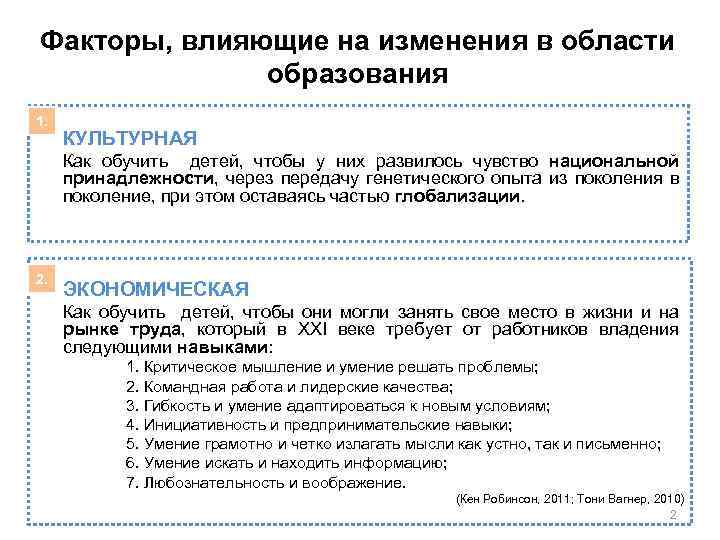 Факторы, влияющие на изменения в области образования 1. КУЛЬТУРНАЯ Как обучить детей, чтобы у