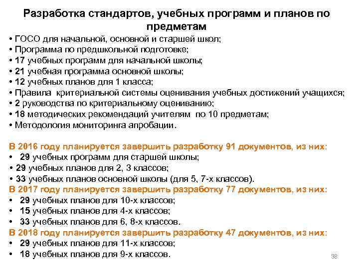 Разработка стандартов, учебных программ и планов по предметам • • • ГОСО для начальной,
