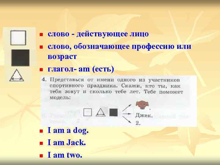 n n n слово - действующее лицо слово, обозначающее профессию или возраст глагол- am
