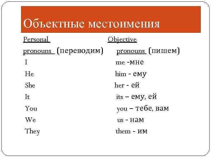 Объектные местоимения Personal Objective pronouns (переводим) pronouns (пишем) I me -мне He him -