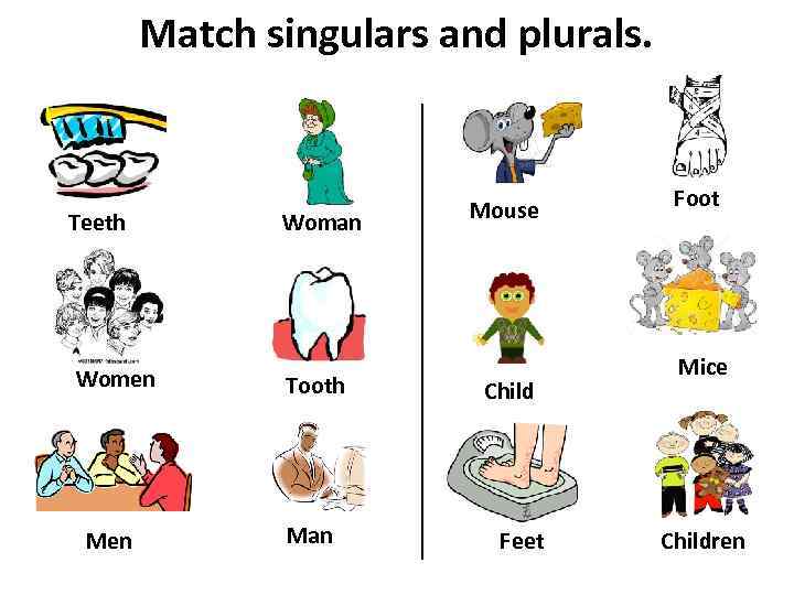 Match singulars and plurals. Teeth Woman Women Tooth Men Man Mouse Child Feet Foot