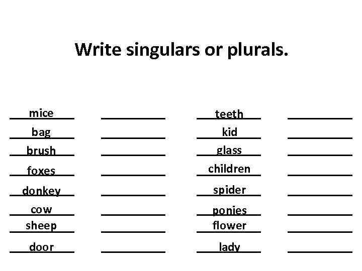 Write singulars or plurals. mice bag brush foxes teeth kid glass children spider donkey