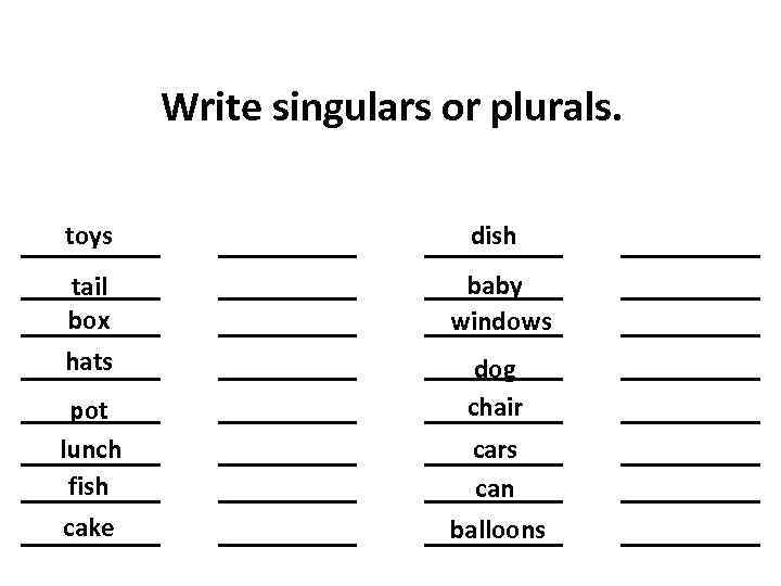 Write singulars or plurals. toys dish tail box baby windows hats dog chair pot