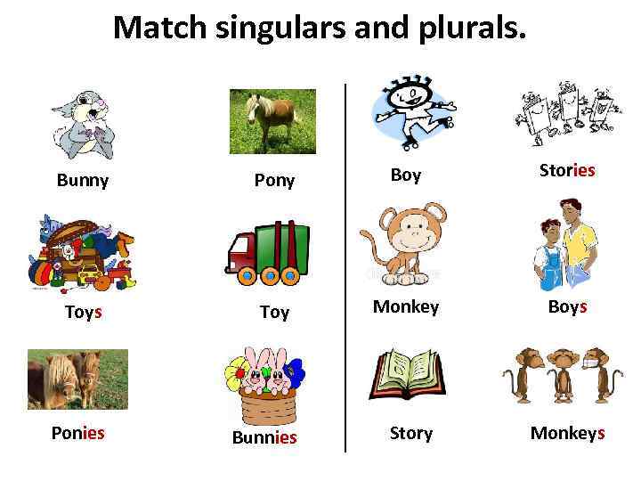 Match singulars and plurals. Bunny Pony Boy Stories Toy Monkey Boys Story Monkeys Ponies