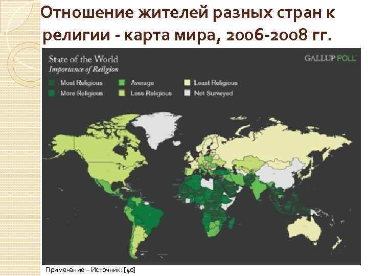 Отношение жителей разных стран к религии - карта мира, 2006 -2008 гг. Примечание –