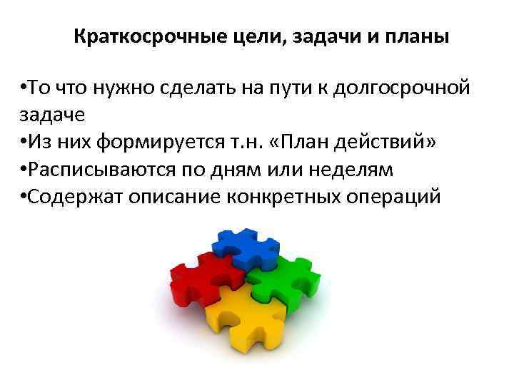 Краткосрочные цели, задачи и планы • То что нужно сделать на пути к долгосрочной