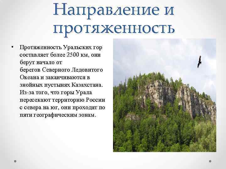 Направление и протяженность • Протяженность Уральских гор составляет более 2500 км, они берут начало