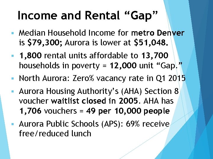 Income and Rental “Gap” § Median Household Income for metro Denver is $79, 300;