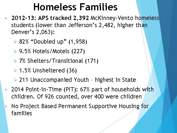 Homeless Families § 2012 -13: APS tracked 2, 392 Mc. Kinney-Vento homeless students (lower