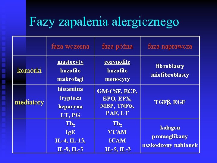 Fazy zapalenia alergicznego faza wczesna komórki mediatory faza późna faza naprawcza mastocyty bazofile makrofagi