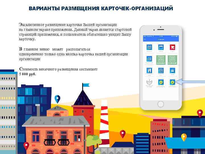 ВАРИАНТЫ РАЗМЕЩЕНИЯ КАРТОЧЕК-ОРГАНИЗАЦИЙ Эксклюзивное размещение карточки Вашей организации на главном экране приложения. Данный экран