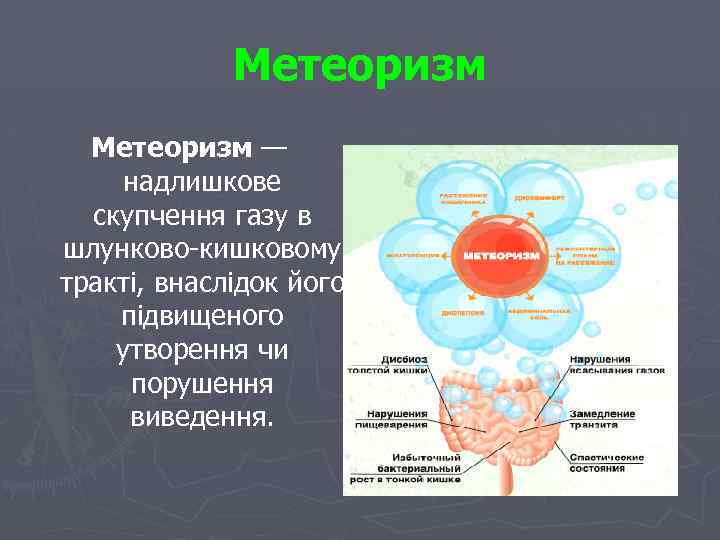 Метеоризм — надлишкове скупчення газу в шлунково-кишковому тракті, внаслідок його підвищеного утворення чи порушення