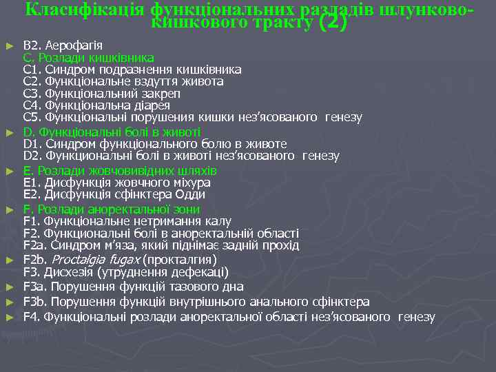 Класифікація функціональних разладів шлунковокишкового тракту (2) ► ► ► ► B 2. Аерофагія С.