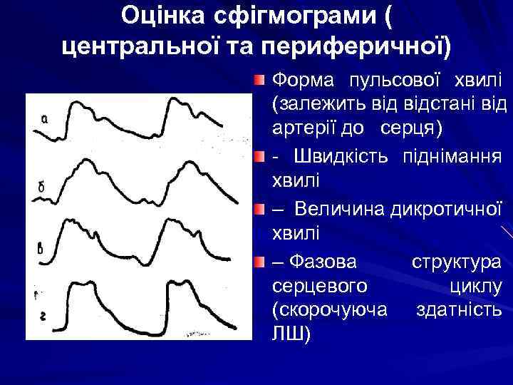 Оцінка сфігмограми ( центральної та периферичної) Форма пульсової хвилі (залежить відстані від артерії до