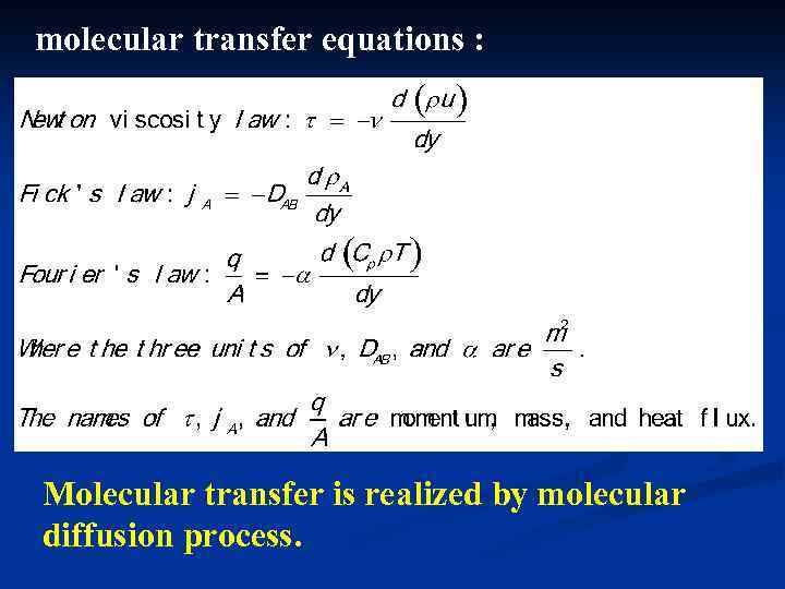 molecular transfer equations : Molecular transfer is realized by molecular diffusion process. 