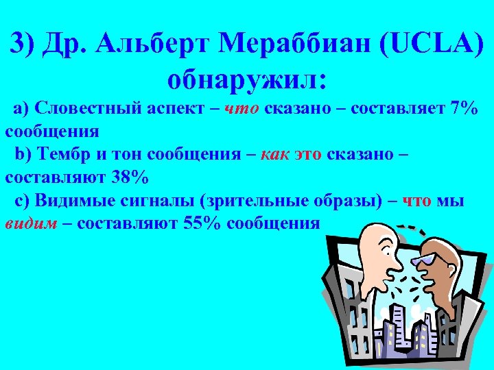 3) Др. Альберт Мераббиан (UCLA) обнаружил: a) Словестный аспект – что сказано – составляет