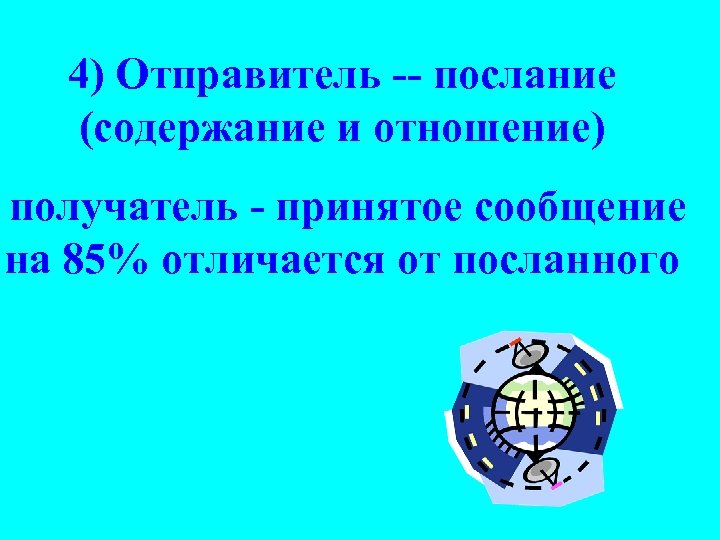 4) Отправитель -- послание (содержание и отношение) получатель - принятое сообщение на 85% отличается