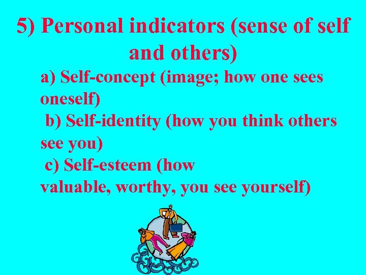 5) Personal indicators (sense of self and others) a) Self-concept (image; how one sees