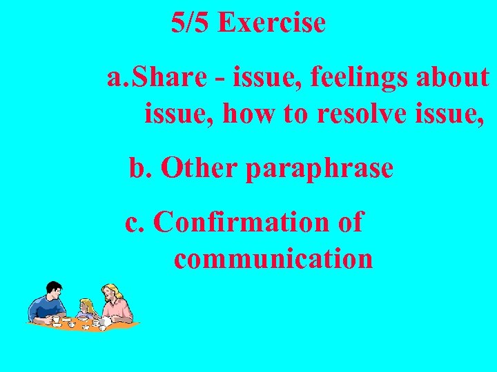 5/5 Exercise a. Share - issue, feelings about issue, how to resolve issue, b.