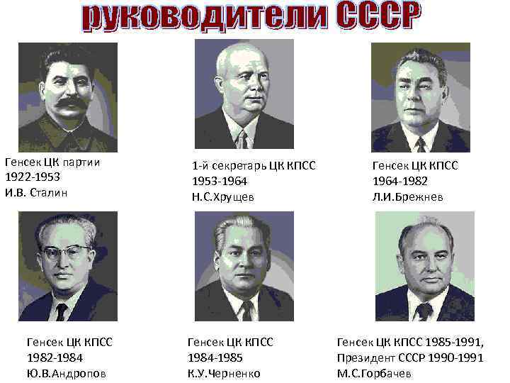Генсек ЦК партии 1922 -1953 И. В. Сталин Генсек ЦК КПСС 1982 -1984 Ю.