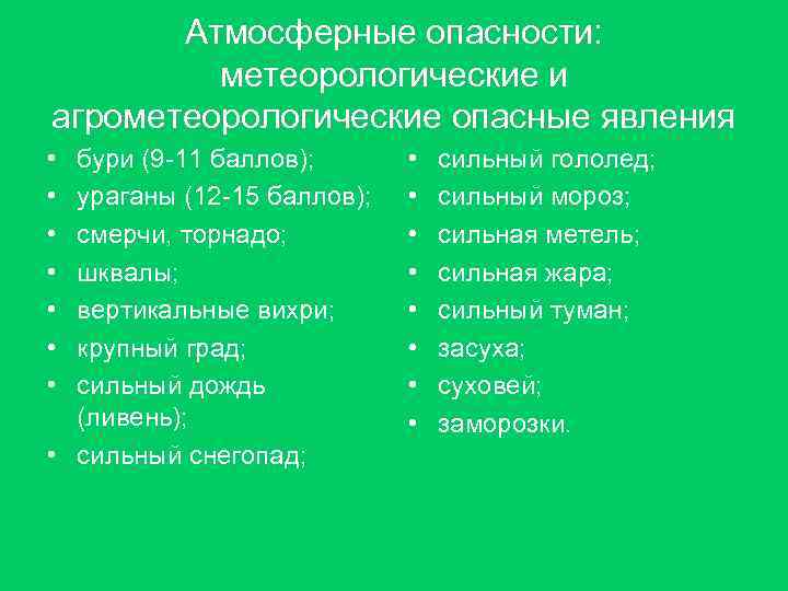 Атмосферные опасности: метеорологические и агрометеорологические опасные явления • • бури (9 -11 баллов); ураганы