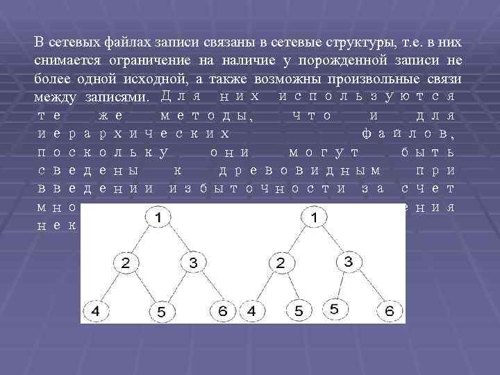 В сетевых файлах записи связаны в сетевые структуры, т. е. в них снимается ограничение