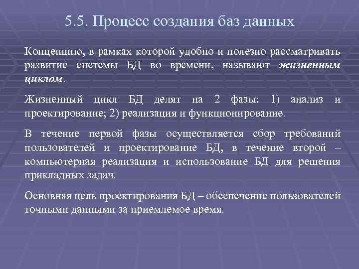 5. 5. Процесс создания баз данных Концепцию, в рамках которой удобно и полезно рассматривать