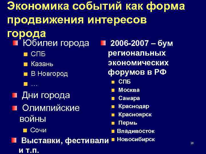 Экономика событий как форма продвижения интересов города Юбилеи города СПБ Казань В Новгород …