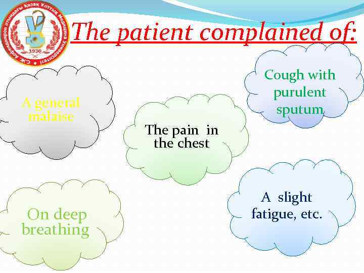The patient complained of: A general malaise On deep breathing Cough with purulent sputum