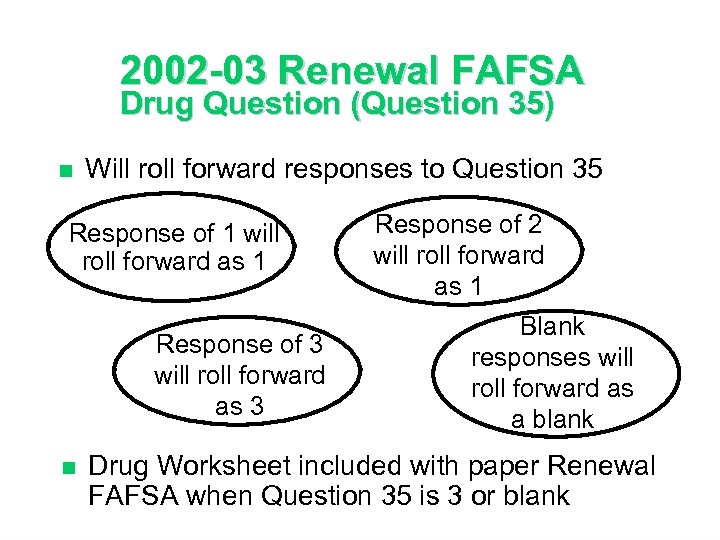 2002 -03 Renewal FAFSA Drug Question (Question 35) n Will roll forward responses to