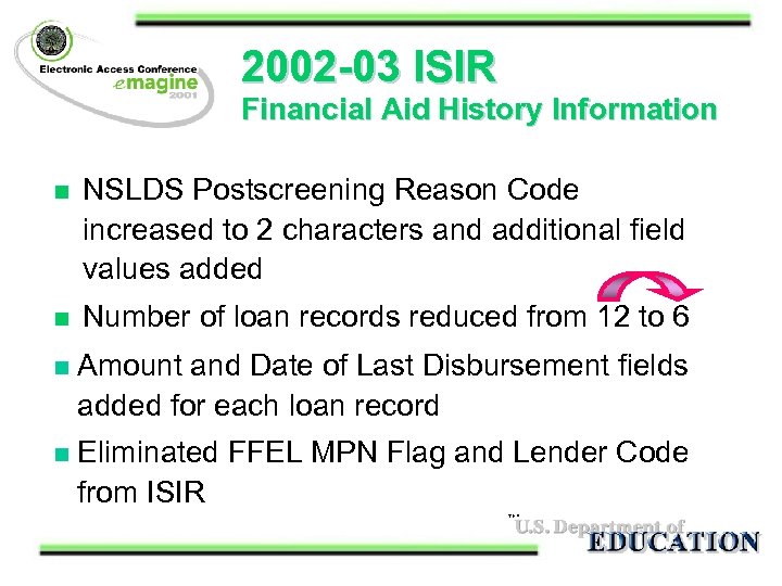 2002 -03 ISIR Financial Aid History Information n NSLDS Postscreening Reason Code increased to