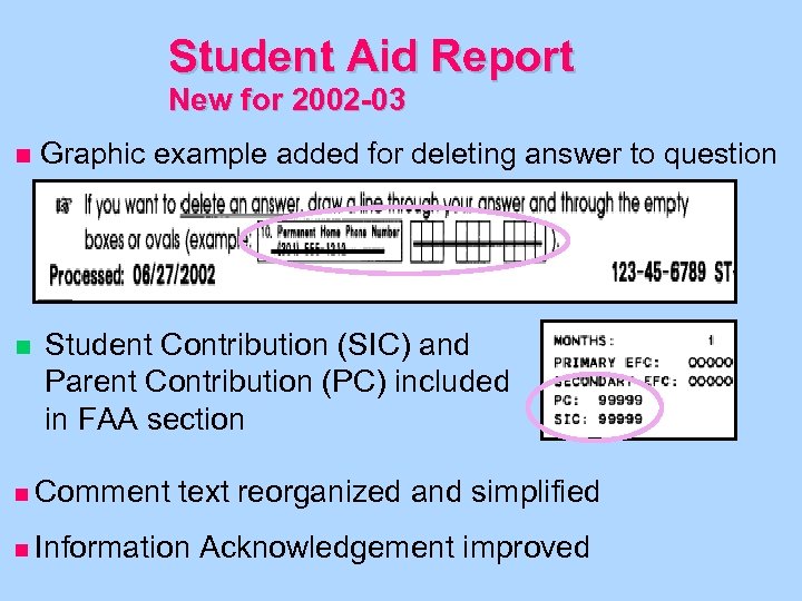 Student Aid Report New for 2002 -03 n Graphic example added for deleting answer