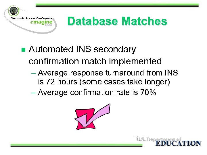 Database Matches n Automated INS secondary confirmation match implemented – Average response turnaround from