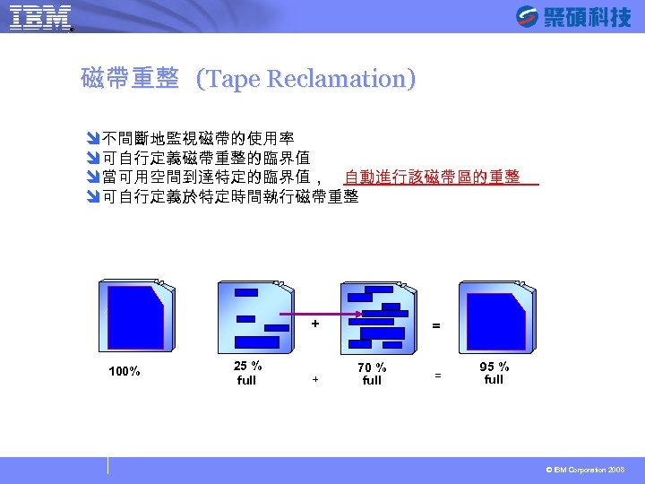 ® SYSAGE Computing Business Unit 磁帶重整 (Tape Reclamation) î不間斷地監視磁帶的使用率 î可自行定義磁帶重整的臨界值 î當可用空間到達特定的臨界值， 自動進行該磁帶區的重整 î可自行定義於特定時間執行磁帶重整 +