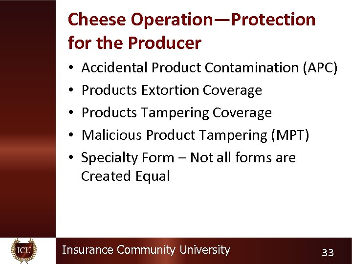 Cheese Operation—Protection for the Producer • • • Accidental Product Contamination (APC) Products Extortion