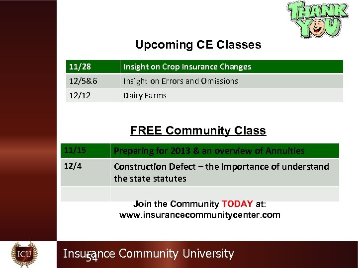 Upcoming CE Classes 11/28 Insight on Crop Insurance Changes 12/5&6 Insight on Errors and