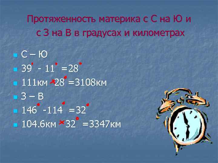 Протяженность материка с С на Ю и с З на В в градусах и