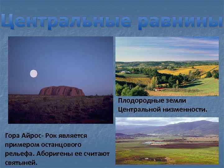 Центральные равнины Плодородные земли Центральной низменности. Гора Айрос- Рок является примером останцового рельефа. Аборигены