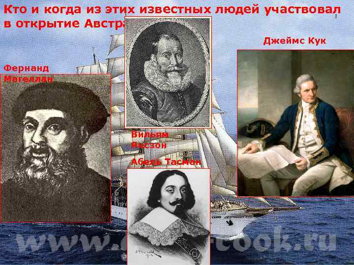 Кто и когда из этих известных людей участвовал в открытие Австралии? Джеймс Кук Фернанд